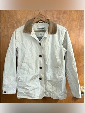 Vintage 90s L.L. Bean Cream Canvas Chore Jacket Corduroy Collar Barn Coat Farm